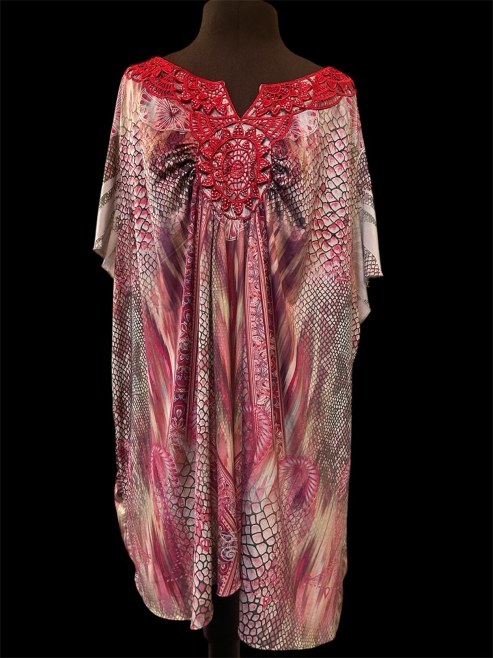 Avenue Red Pink Boho Crochet-Trim Kaftan Silky Pull Over Top